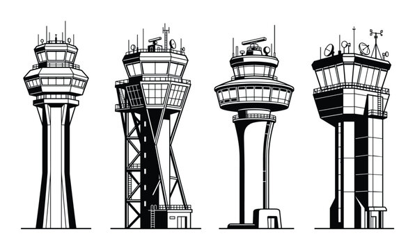 Collection of black silhouette airport control tower buildings with antennas and radar dishes