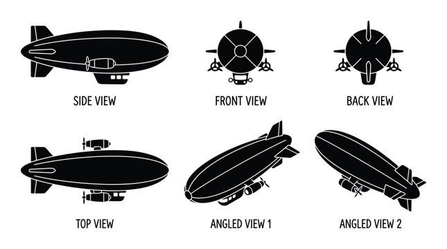 Set of blimp and airship views side front back top angled illustration
