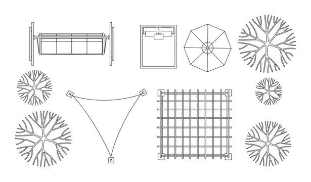 Landscape architecture symbols for garden planning featuring outdoor furniture and tree top view icons