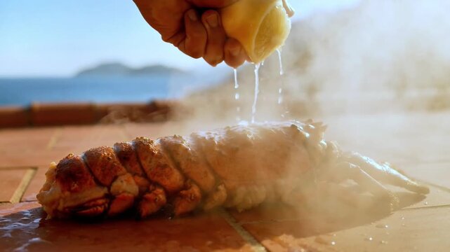Hand squeezing fresh bright yellow lemon juice onto steaming cooked spiny lobster seafood tail outdoors with ocean backdrop motion footage video clip