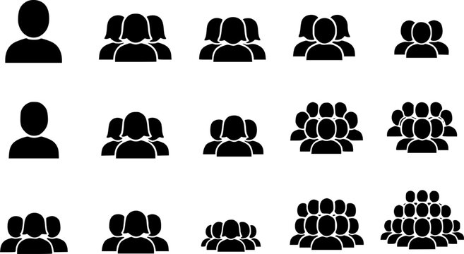 Vector group size icons, black silhouette people symbols, small and large team pictograms, community and demographic illustration, organizational structure design, social figures