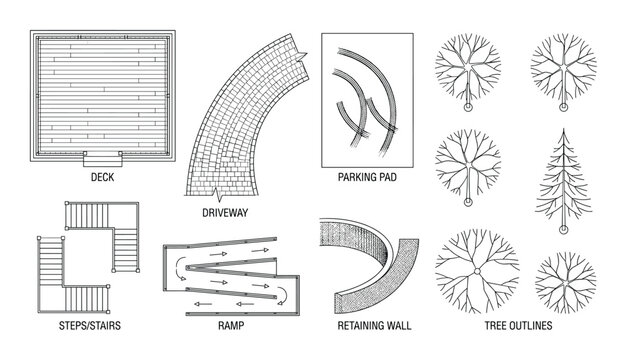Architectural landscape plan symbols deck, driveway, parking, ramp, retaining wall and tree outlines