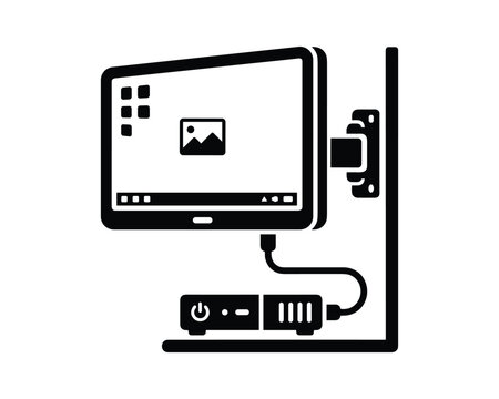 Wall mounted display with media box, screen shows desktop interface and is connected by cable, black silhouette.