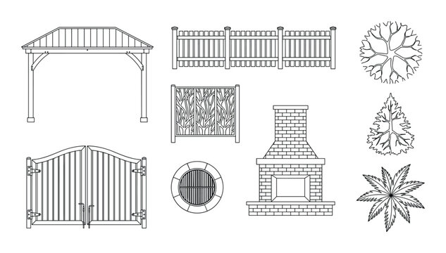 Landscape architecture elevation symbols of gate fence fireplace and gazebo structure