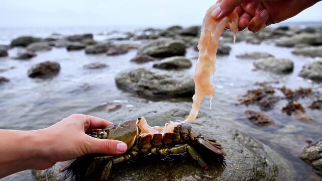 Person's hands meticulously demonstrate the intricate process of peeling fresh, raw lobster meat from its shell, showcasing a detailed, close-up preparation of seafood outdoors on a wet, rocky seashor