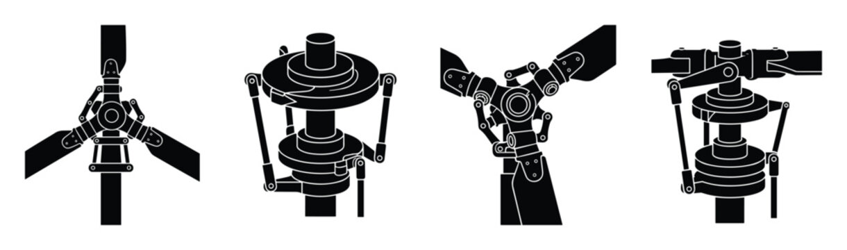 Technical illustration of helicopter rotor blade assembly and hub system