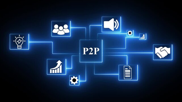Cloud P2P network diagram with glowing neon icons for business growth customer service teamwork and cyber security on black background. 4k animation video.