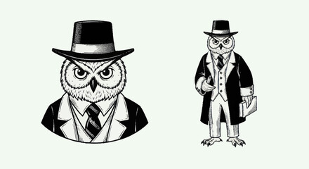 Sophisticated Owl Dressed in Formal Attire and Hat.