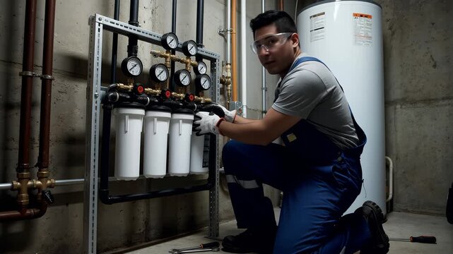Professional plumber or maintenance worker carefully installing or checking white water filter cartridges on a complex filtration system unit with attached pressure gauges in a utility space