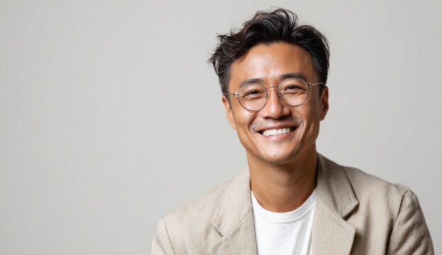 Full body portrait of an attractive korean man with glasses smiling confidently, wearing a beige blazer and white shirt, against a plain light background