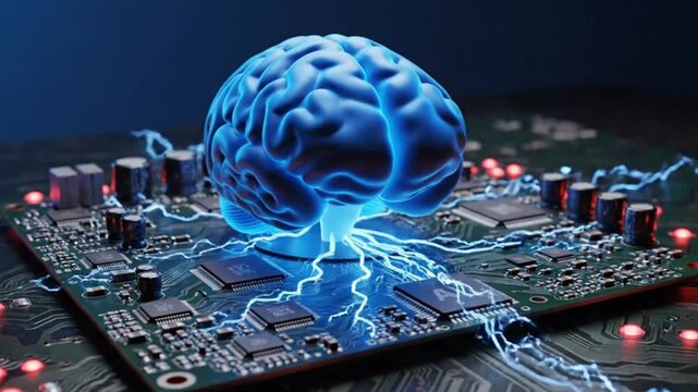 A blue brain on a computer motherboard with lightning bolts and red lights indicating energy and power
