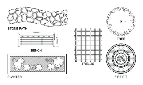Landscape architecture blueprint elements set including stone path, bench, planter, trellis, tree, fire pit