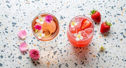 silhouette Two pink cocktails with strawberries and flowers on a terrazzo surface for mother's day celebration