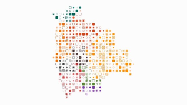 Bolivia map animation. Shape of the country with pulsating colored dots. Large size rounded square blocks. Digital style Bolivia map on white background. Stylish video.