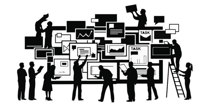 Business people working together on large infographic board with charts and graphs in office setting for teamwork and collaboration concept