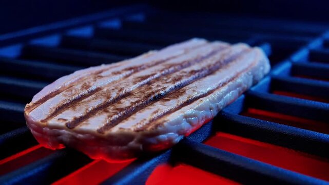Juicy, thick cut of meat sizzles and slowly turns golden brown on a hot barbecue grill, developing distinct char marks with an appetizing aroma, suggesting delicious meal preparation and gourmet cooki