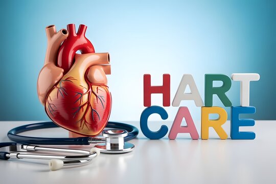 Heart care concept with stethoscope and colorful hart care text on table