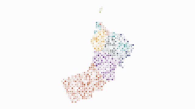 Oman animated country shape. Pulsating colored dots on the map of the country. Small size circle blocks. Digital style Oman map on white background. Stylish animation video.