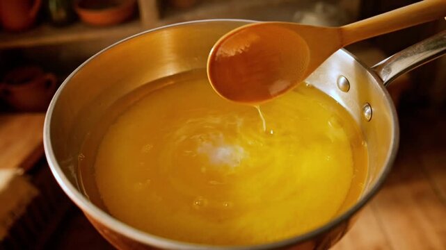Clarified butter preparation footage showing a wooden spoon stirring golden ghee melting in a stainless steel saucepan during the cooking process video