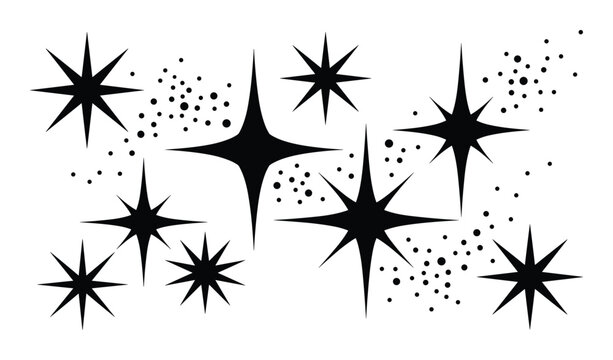 Mid-century modern starbursts and dots pattern in black and white, atomic era shapes, vintage design elements on white background.