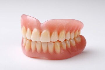 Obraz premium Realistic dental dentures model showing full set of artificial teeth with gums isolated on white background, prosthetic dentistry concept for oral health care