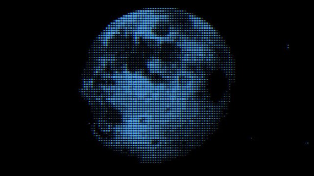 A bright blue pixelated globe rotates smoothly in dark outer space. Perfect for tech, global communication, network, or abstract digital themes.