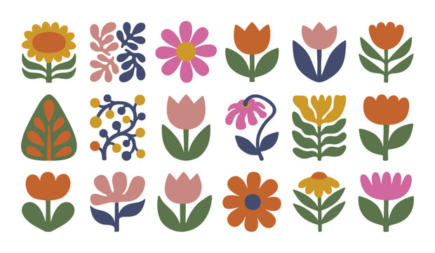 Collection of mid century modern flowers floral elements with leaf, abstract decorative spring flower icons.