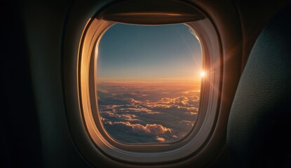 Fototapeta premium Green screen television inside an airplane cabin with view of clouds and sunset through the window
