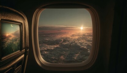 Fototapeta premium Green screen tv inside an airplane cabin with window view of sunset over clouds, modern electronic display with sleek black frame and textured surface