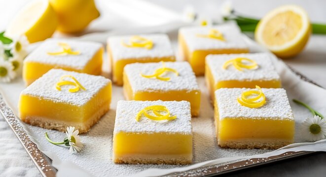 Delicious square lemon bars with powdered sugar and lemon zest on a white tray, surrounded by fresh lemons and delicate white flowers.