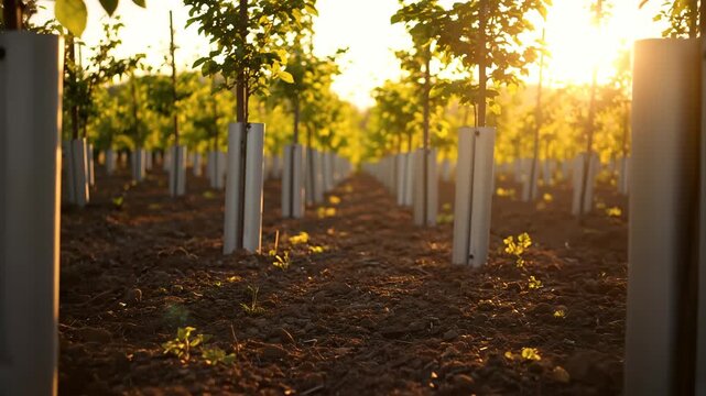 Expansive field showcasing orderly rows of young sapling trees each protected by white guards, bathed in the soft, golden light of a beautiful sunset, representing sustainable agriculture,