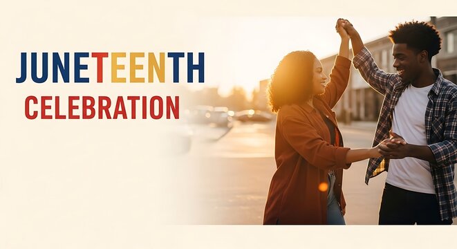 A joyful young Black couple celebrates Juneteenth freedom and heritage with a vibrant outdoor dance during a beautiful golden hour sunset.