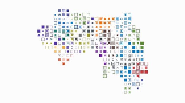 Guinea map animation. Shape of the country with pulsating colored dots. Large size square blocks. Digital style Guinea map on white background. Classy video.