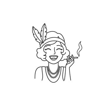 Line Art of 1920s Flapper Woman Smoking vector illustration