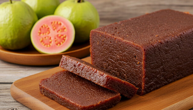 Brazilian dessert goiabada - guava jam with fresh guava in the background on a wooden background.