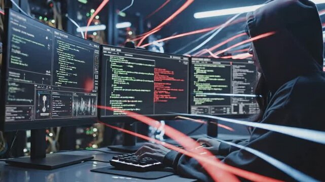 Person wearing a hoodie sitting in front of multiple computer monitors with code on the screens in a dark room with red and blue lights