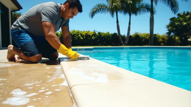 Dedicated man wearing bright yellow protective gloves kneels beside a sparkling blue swimming pool scrubbing the coping edge meticulously on a sunny tropical day.