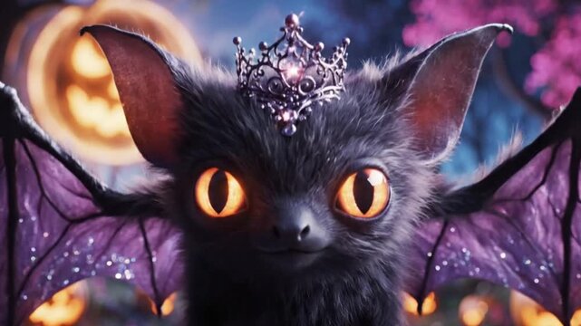 A cute cartoon bat wearing a crown and flying in a spooky halloween scene with jackolanterns