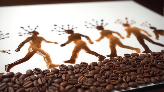 Creative abstract concept showing figures walking in evolution style made from dripping dark coffee liquid beside a rich foreground border of roasted brown coffee beans