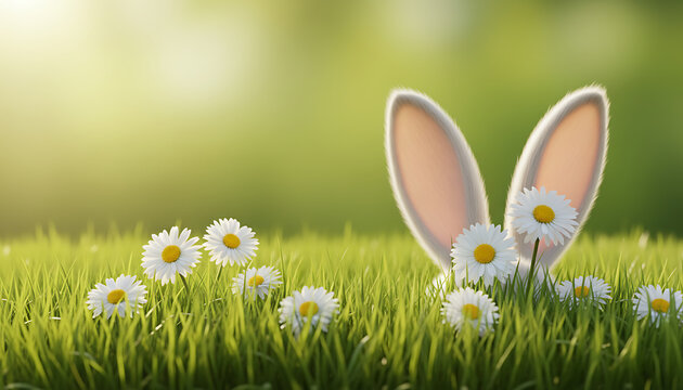 Easter bunny ears peek out from behind daisies in sunny green grass field