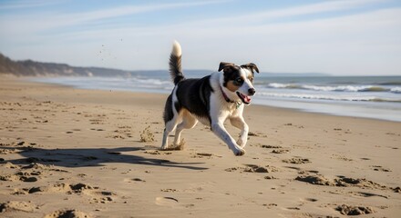 Energetic black white and brown border collie dog running happily across the sandy beach shoreline