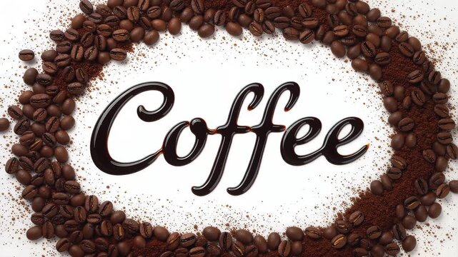 Elegant "Coffee" lettering crafted from a rich dark liquid, artfully centered on a pristine white background, beautifully encircled by a decorative oval border meticulously composed of aromatic