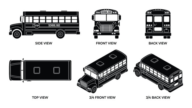 School bus blueprint views, side, front, back, top, three quarters front, three quarters back