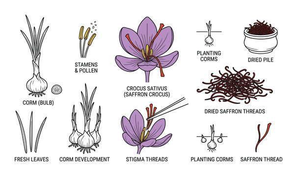 Saffron crocus plant anatomy and harvest steps illustration with purple flowers