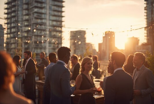 Group of diverse business professionals socializing at an outdoor rooftop gathering during sunset in an urban setting