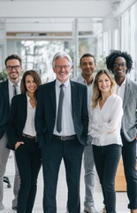Obraz premium Group of diverse business professionals standing in modern office smiling confidently during a team meeting