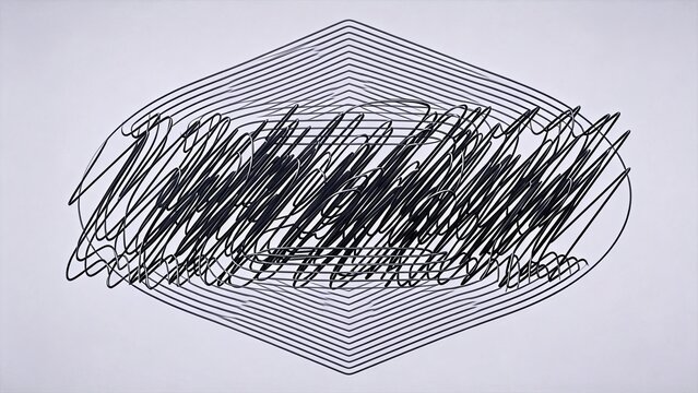 Abstract black scribble over geometric line pattern on white background symbolizing chaos confusion mental disorder anxiety creative block brainstorming complexity frustration