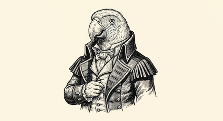 Anthropomorphic Parrot Dressed in Vintage Military Uniform.