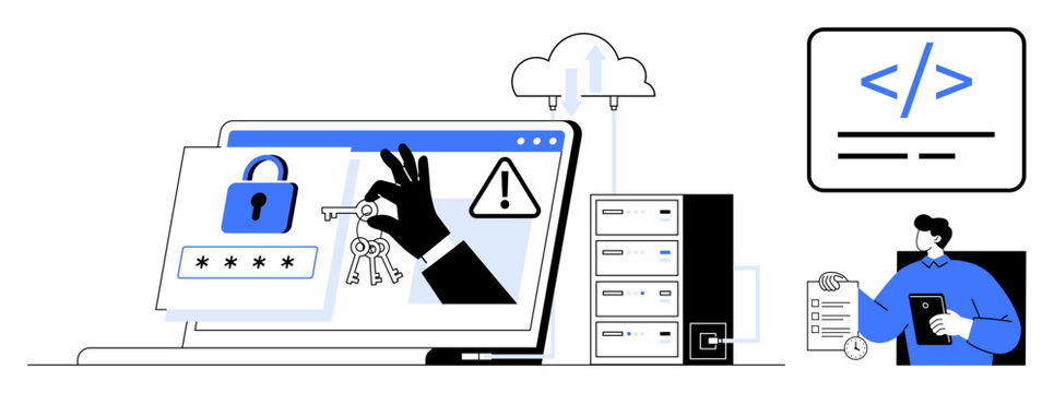 Data security, online privacy, cybersecurity education, identity protection, technology risks, and cloud computing. A hand with keys near a locked screen and warning icons. Data security and online