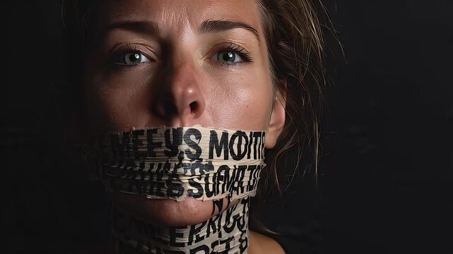 Silenced Woman with Tape Over Mouth and Neck Conceptual Portrait